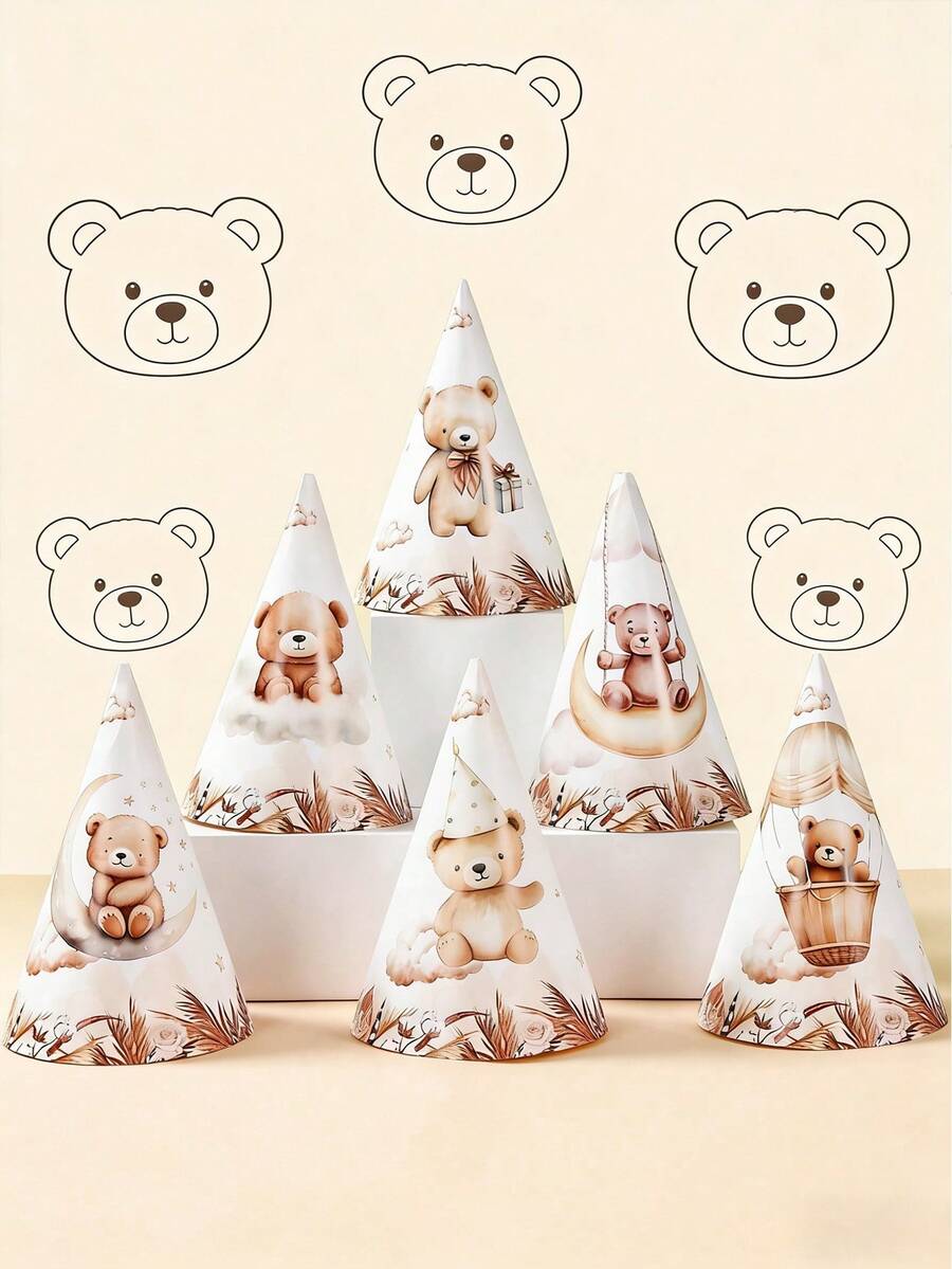 6pcs Teddy Bear Pattern Paper Hats, Baby Shower Party Hats, 1st Birthday Party Decorations, Teddy Bear Birthday Hats, 1st Birthday Decorations, Gender Reveal Party Supplies, Birthday Gifts, Baby Shower Photography Props, Baby Birthday Party Supplies, Baby Shower Party Favors, Party Giveaways, Gender Reveal Decorations - Little Bear - View 1