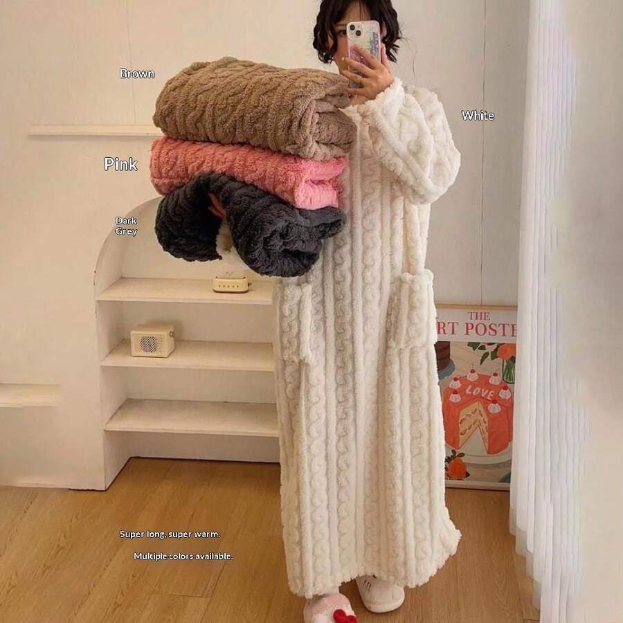 Áo choàng ngủ bằng vải nỉ dày dặn, kích thước 120cm*60cm, dáng rộng, dài, có túi, thích hợp cho nữ mặc mùa đông. - Nhiều màu - Xem 1