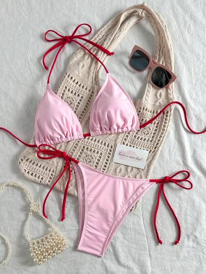 2026 Yeni Şık Kadın Üçgen Kupalı Bikini 2 Parça Seti, Minimalist Düz Renk Kontrast Tasarım, Plaj, Tatil, Yat Partisi İçin Uygun Seksi Mayo