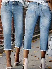 Plus Size Comfortable Skinny Mid-Calf Denim Jeans With Pockets, Zipper And Button Closure Casual Spring - Medium Wash - View 3