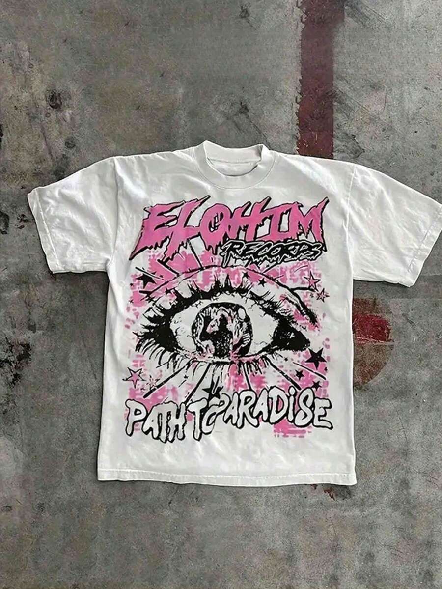 (Double Sided Printing) Pink Eyes Printed 100% Pure Cotton Fabric - Comfortable And Vibrant Summer Street Style Short Sleeved T-Shirt, Cool Design Retro Summer Men's Daily Wear T-Shirt - trắng - Xem 1