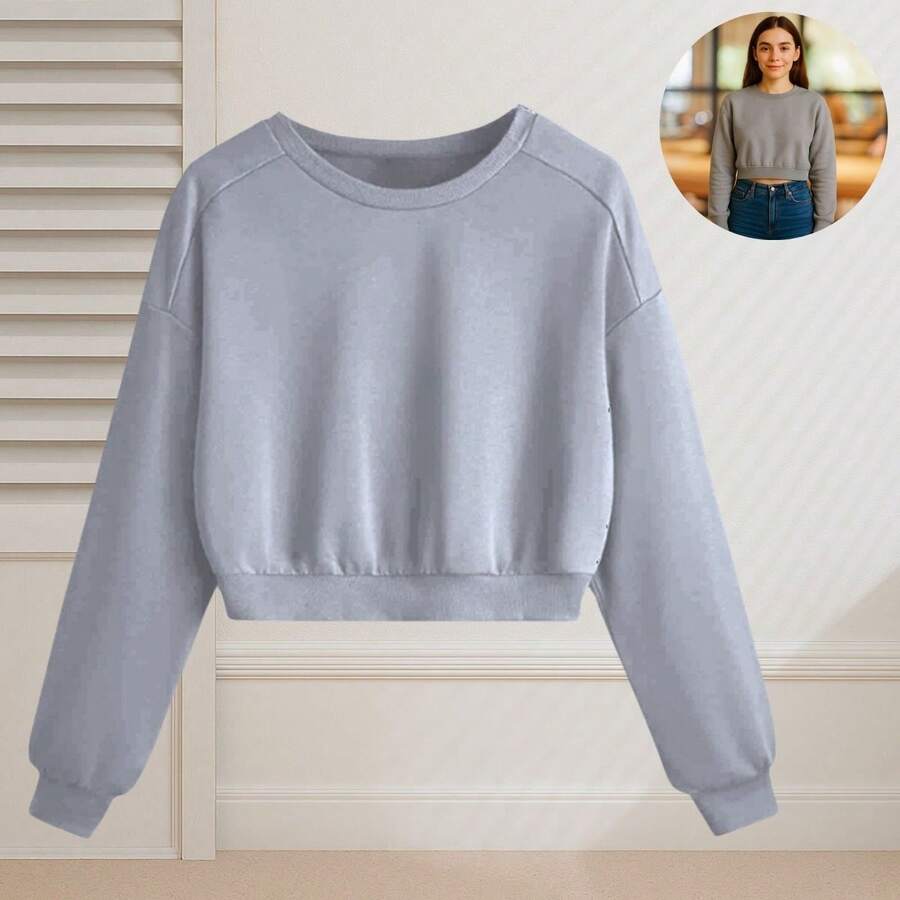 Cropped Sweatshirt Comfortable Plain No Print - Gris Claro - Ver 1
