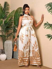 BIUBIU Plus Size Women's Tropical Leaf Print Sleeveless Jumpsuit With Belt, Elegant Loose Linen Blend Jumpsuit, Holiday Outfit, Women's Festival Clothing - Apricot Coffee - View 5