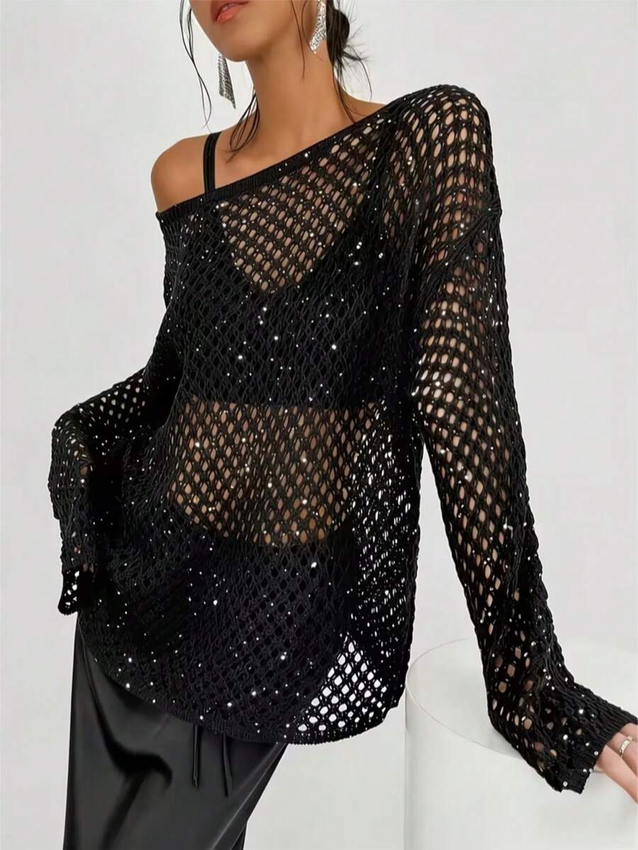 Áo khoác ngoài dệt kim lưới rỗng đính sequin đen, áo tay dài dáng rộng kiểu cánh dơi, lớp áo xuyên thấu gợi cảm, trang phục dự tiệc. - màu đen - Xem 1
