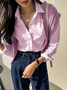 可愛長袖粉色條紋鈕扣襯衫，時尚休閒優雅女裝上衣，適合春季/夏季，假期/情人節 - 粉色 - 查看 5