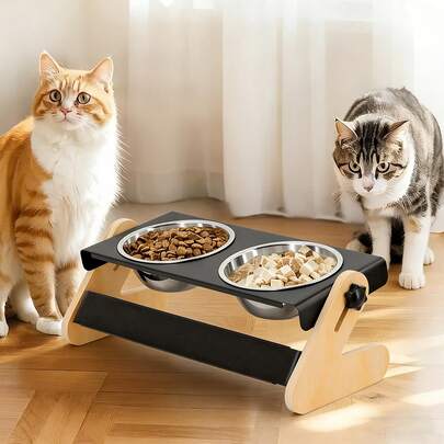 Adjustable Incline Wooden Cat Bowl Stand, Friendly Cat Feeding Station For Food Or Water Bowls, Suitable For Indoor Cats