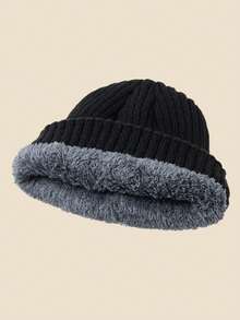 1顶骷髅头图案纯色针织帽，男士冬季加绒保暖休闲柔软舒适简约时尚帽，适合寒冷天气、日常通勤、运动、聚会、外出等场合。 - B - 查看 3