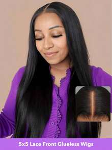 Tóc giả không cần keo, dài 26 inch, làm từ tóc thật, đã được tỉa sẵn, cắt sẵn, mật độ 180, khóa ren trong suốt 5x5, tóc giả thẳng nguyên chất Brazil, dành cho người mới bắt đầu, có tóc con, màu đen tự nhiên (8-30 inch) - Natural Black - Xem 3