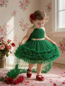 1 chiếc đầm lưới đính sequin hở lưng, có nơ trang trí, dễ thương cho bé gái, thích hợp dự tiệc sinh nhật lần thứ nhất, làm phù dâu, dự đám cưới, không kèm băng đô. - Màu xanh lá cây đậm - Xem 2