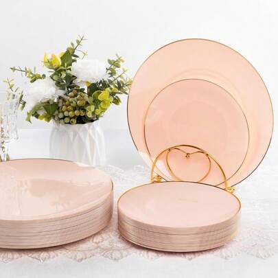 Bộ đồ ăn 8/4 món màu hồng viền vàng, gồm khay đựng thức ăn, đĩa salad trái cây, đĩa ăn chính, đĩa ăn, bộ đồ ăn salad có thể rửa được, tái sử dụng, dễ vệ sinh. Thích hợp cho trang trí đám cưới, trang trí Giáng sinh, tiệc sinh nhật, họp mặt gia đình, hoạt động nhóm ngoài trời, trường học, nhà hàng và tiệc nhà bếp, quà tặng theo mùa cho gia đình và trường học.