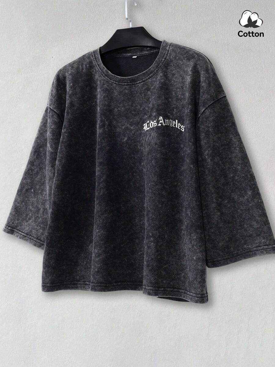 男士夏季街头时尚洛杉矶图案方领T恤，弹力水洗黑色休闲日常短款上衣 - 黑色 - 查看 1