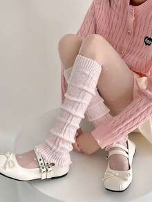 1pair Women's Warm Blue Heart Pattern Leg Warmers, Cozy - Baby Pink - View 2