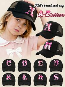 1pc White Truck Driver Mesh Cap, A-Z Bow Letter Print Baseball Cap, Adjustable Size Suitable For 3-8Y Boys & Girls, Suitable For Kids Back To School - Black - View 1