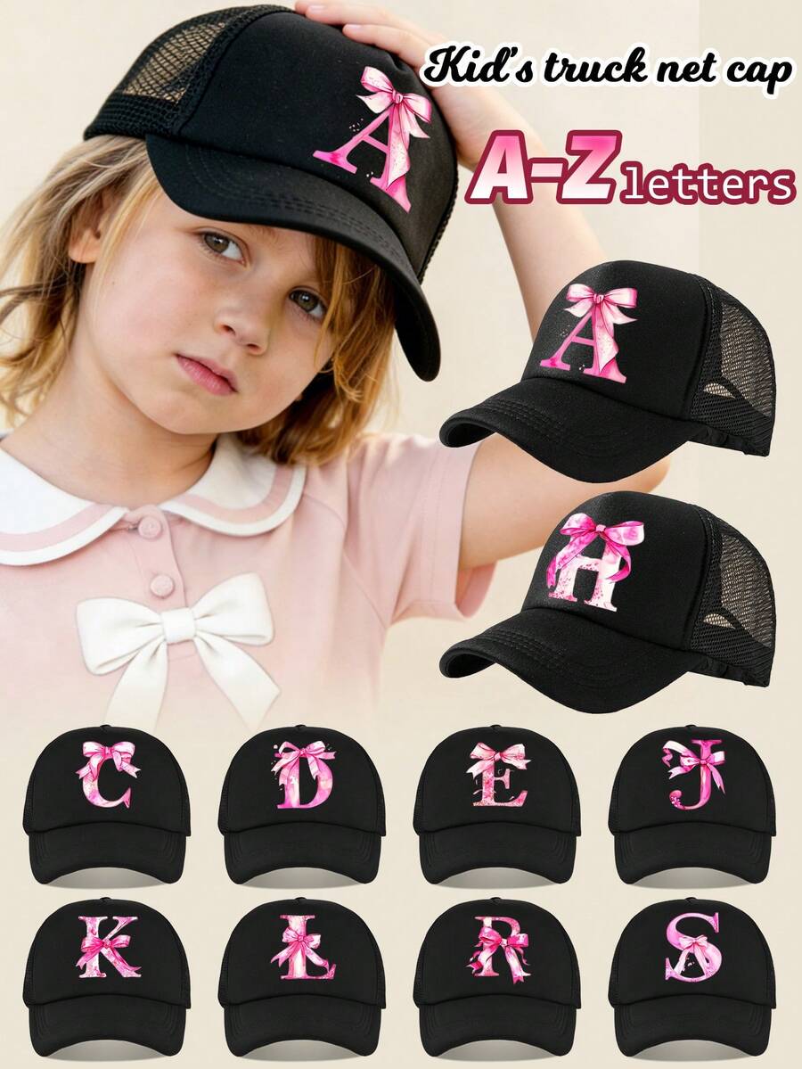 1pc White Truck Driver Mesh Cap, A-Z Bow Letter Print Baseball Cap, Adjustable Size Suitable For 3-8Y Boys & Girls, Suitable For Kids Back To School - Black - View 1