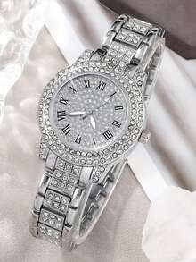 6pcs Luxury Women's Quartz Watch Set, Including Watch With Roman Numeral Dial, Diamond-Encrusted Bracelet, Earrings, Necklace And Ring. Silver-Tone Metal Finish With Double-Layer Pave Dial, Creating A Dazzling Luxurious Style And High-End Charm - Silver - View 8