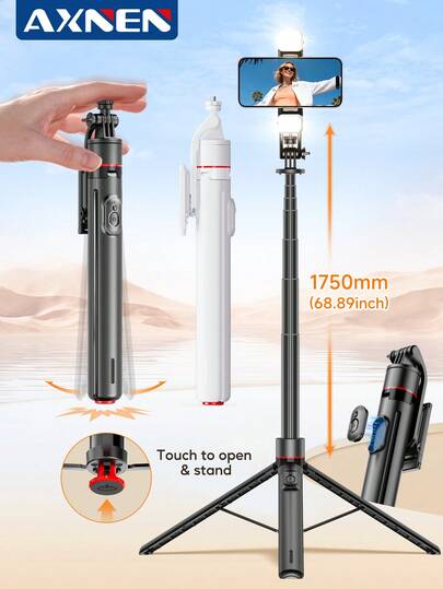 AXNEN 68.89英寸（1750毫米）TT03无线自拍杆，配备磁吸遥控器、可拆卸手机支架、自动伸缩三脚架和可伸缩杆。采用铝合金材质，适用于户外活动、圣诞节、直播、旅行摄影等多种用途。