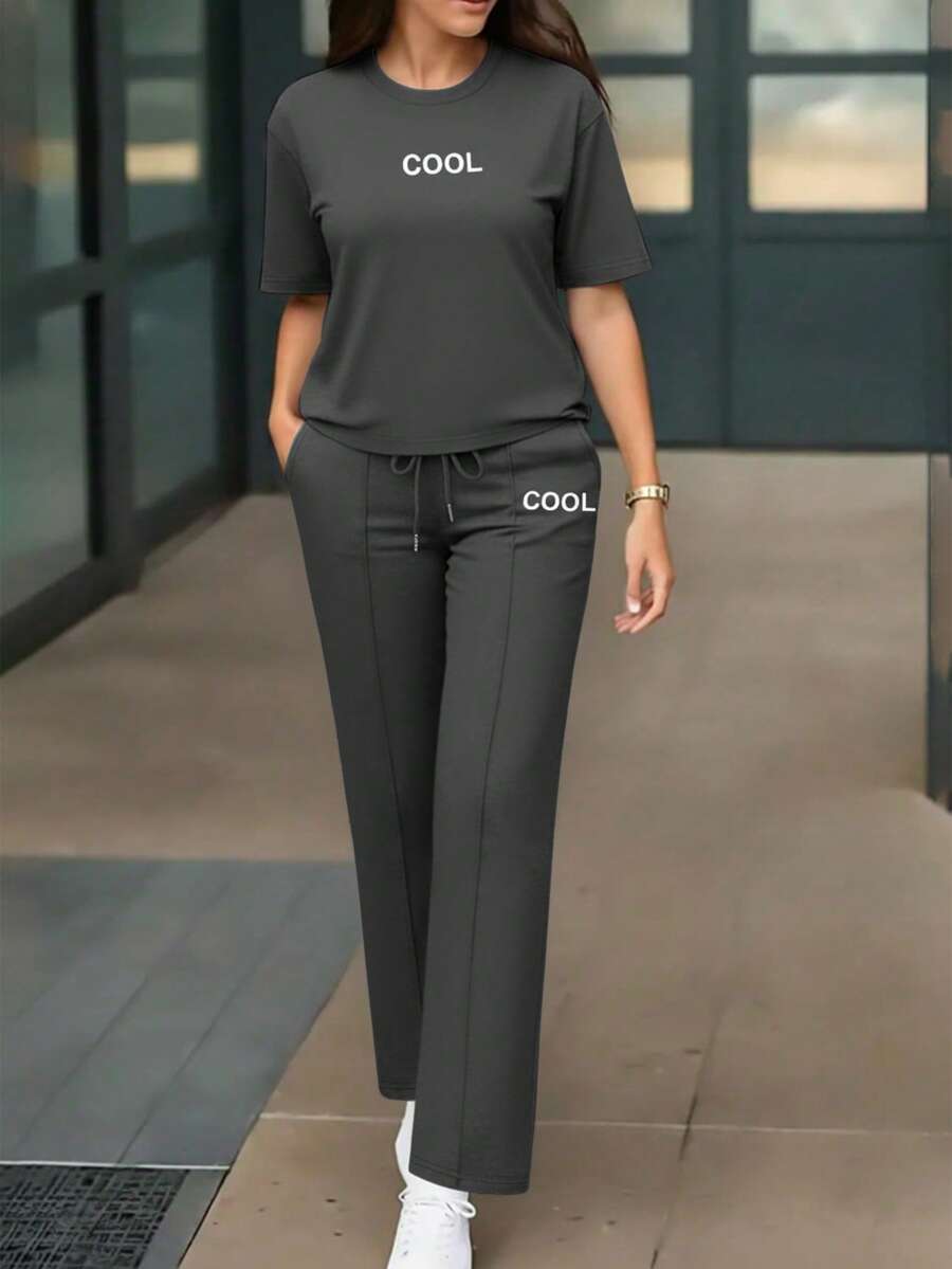 女士新款夏季两件套，个性化字母印花圆领短袖T恤搭配高腰抽绳直筒裤 - 深灰色85 - 查看 1