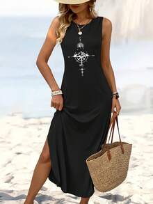 [Compass Print Tank Dress] Comfortable Sleeveless Tank Dress With Compass Print - Casual Long Sleeveless Midi Dress For Women, Lightweight Polyester, Perfect For Beach Outings, Hiking, And Casual Attire, Casual Wear Dress| Relaxed Fit Dress| Minimalist Design - 黑色 - 查看 6