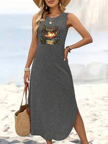 Imitation 2D Coconut Beach Pattern Printed Tank Dress 6424 - 黑色 - 查看 4