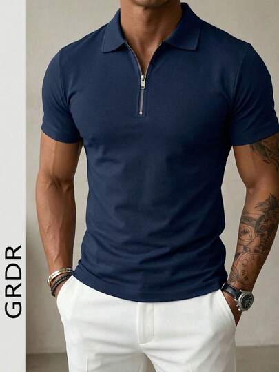  GRDR Men's Solid Color Short Sleeve Zipper Design Casual Versatile T-Shirt
