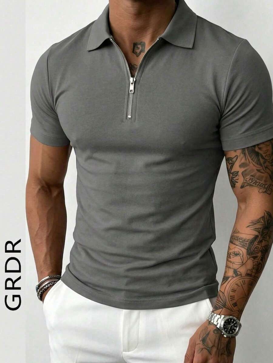 GRDR Herr Enfärgad Kortärmad Dragkedja Design Avslappnad Mångsidig T-shirt