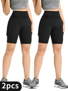 2-Pack Women's Yoga Shorts 5", High Waisted Biker Shorts With 4 Pockets For Cards & Phone, Sweat Wicking Quick Dry Stretchy Fabric, Casual Gym Wear For Spring Running, Cycling & Lounge - 2PCS(Black) - 查看 1