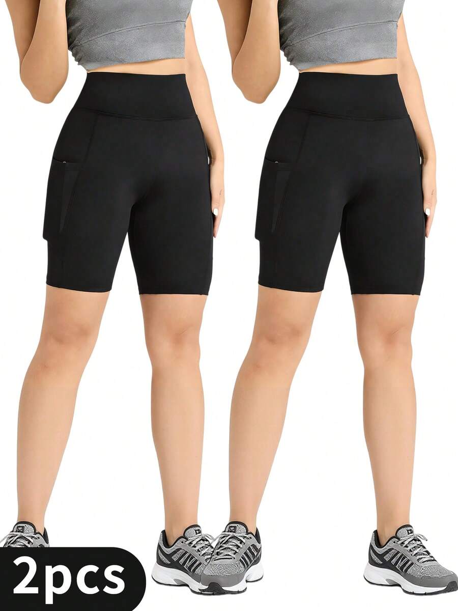 2-Pack Women's Yoga Shorts 5", High Waisted Biker Shorts With 4 Pockets For Cards & Phone, Sweat Wicking Quick Dry Stretchy Fabric, Casual Gym Wear For Spring Running, Cycling & Lounge - 2PCS(Black) - 查看 1