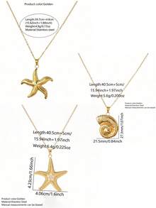 VceTd 1 pieza/3 piezas Collar colgante de acero inoxidable con forma de estrella de mar/concha, diseño de estilo de vacaciones oceánicas, adecuado para que las mujeres lo usen en vacaciones en la playa, vida diaria, viajes, festivales, fiestas, regalos para amantes, familia y amigos - Amarillo Oro - Ver 2