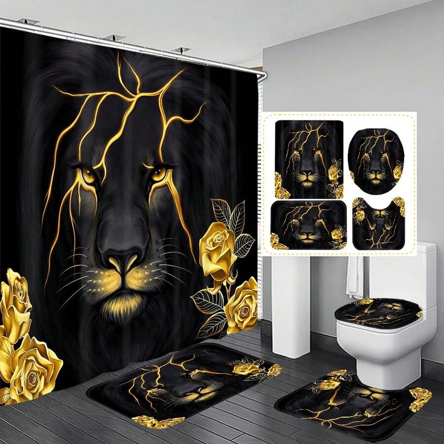 1件/4件套动物狮子与金色玫瑰图案多功能浴室装饰浴帘套装，赠送12个挂钩，营造优雅节日氛围，包含浴室地垫、U型马桶垫和圆形马桶垫，适用于各种浴室场景。 - 獅子2 - 查看 1