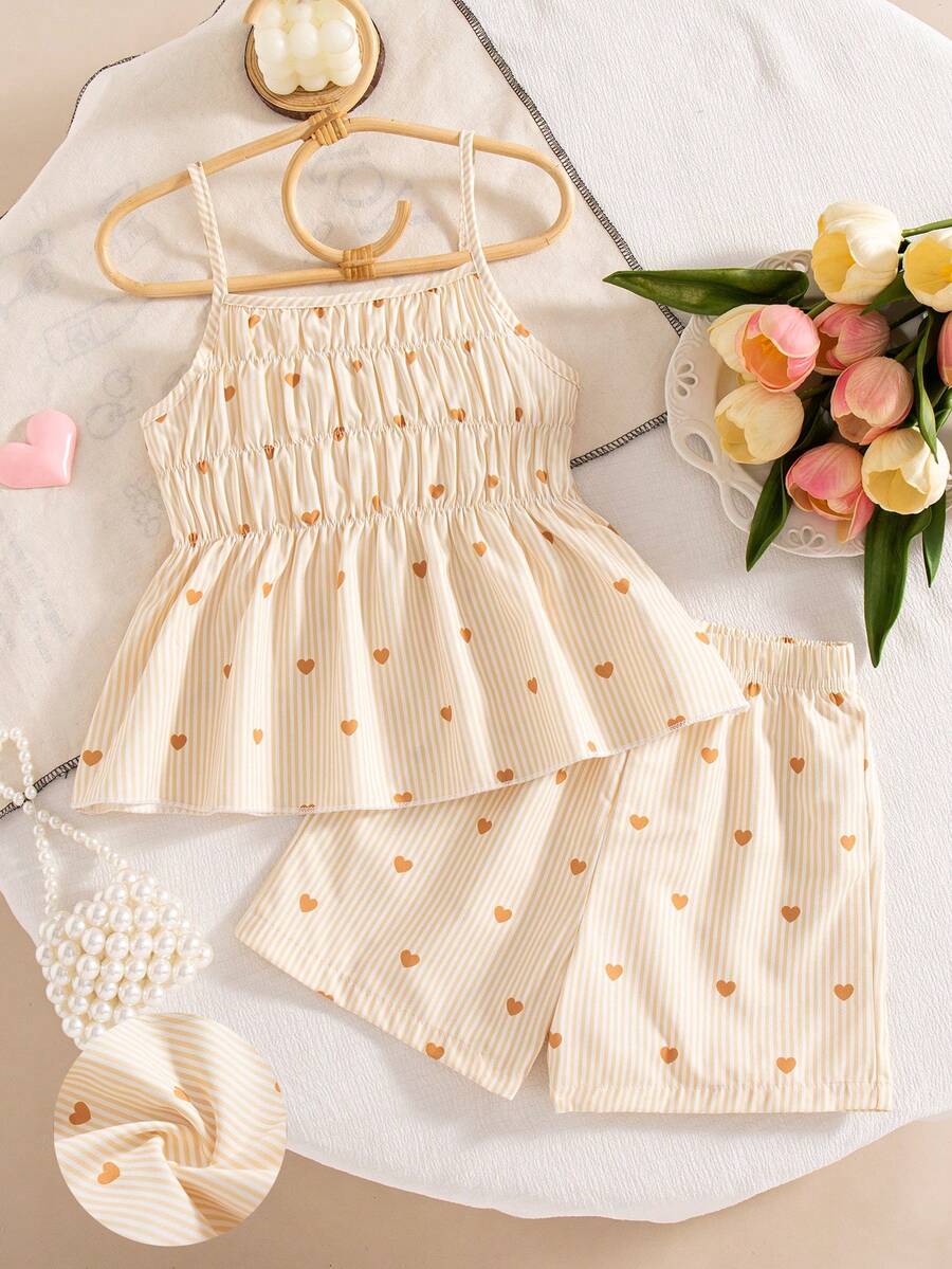 2pcs Setelan Kasual Anak Perempuan Motif Garis-Garis dan Hati, Rompi Tali Bahu Tipis dan Celana Pendek Pinggang Elastis, Musim Semi/Panas - Aprikot - View 1