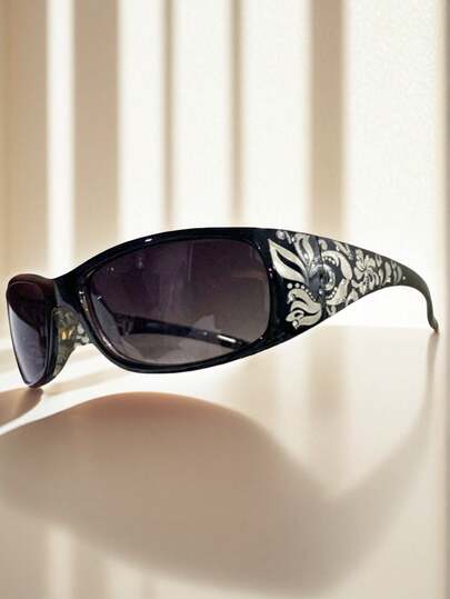 1PC European And American Narrow Frame Printed Laser Rhinestone Personalized Fashion Glasses For Women, Women's Casual And Outdoor Fashion Accessories, Beach Accessories, Vintage Y2K Basic Glasses, Business Casual Gift, Suitable For Daily Wear, Seaside, Beach, Vacation, Walking, Shopping, Driving, Street Photos, Summer Beach Vacation, Outdoor, Travel