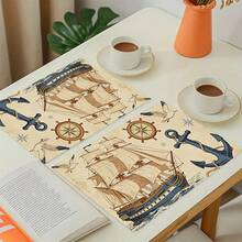 4/6/8 Pcs Set, Nautical Map Placemats, Boat Pattern Party Decor, Linen Dining Table Mats, Washable Printed Coasters, Surface Protection Pads, Ideal Decoration For Holiday Kitchen And Home Gatherings - Multicolor - View 4