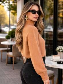 Women's Knit Blouse, Premium Soft Feather Yarn, High Neck, Sleeves - 摩卡棕 - 查看 3