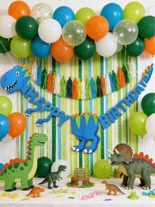1 Set Dinosaur Happy Birthday Party Banner, Cartoon Prehistoric Animal Pennant Flags, Dinosaur Theme Birthday Decoration, Funny Wall Letter Triangle Flags, Party Supplies - A - View 3