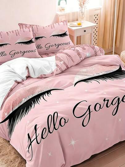 3PCS Pink Eyelash Crystal Princess Crown Pattern Printed Duvet Cover 3 PiecesSet, Personalized Design, Multiple Sizes To Choose From, Warm, Comfortable, Breathable, Skin Friendly, Suitable For Bedroom, Guest Room, Homestay And Other Scenes, Suitable For Women (1 Duvet Cover+2 Pillowcases, No Core)