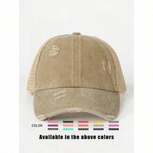 1pc Distressed Criss-Cross Ponytail Mesh Baseball Cap, Adjustable Outdoor Sun Protection Casual Hat, Suitable For Spring/Autumn, Travel, Beach, Y2K Style For Youth - D - 查看 5
