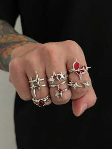 Set de 6 anillos de acrílico con strass en forma de estrella hueca con diseño gótico punk, estilo minimalista casual y urbano, adecuado para vacaciones, fiestas y uso diario, anillos de moda unisex como regalo - anillo - Ver 3