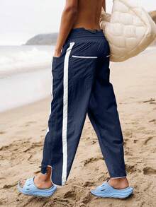 Women's Y2K Track Pants Contrast Color Wide Leg Drawstring Elastic Waist Casual Workout - Navy Blue - View 4