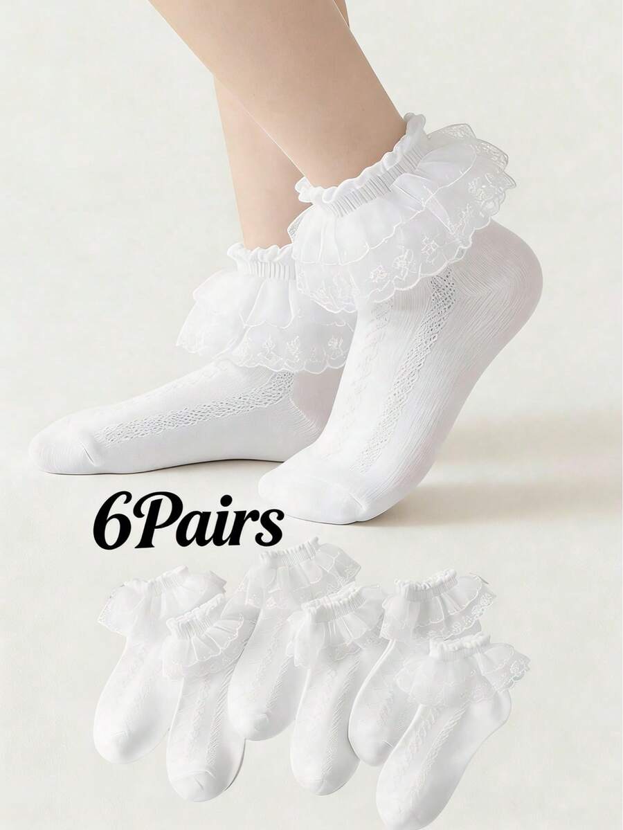 6 Pairs Children's Solid Color Lace Ruffle Princess Fashion Versatile Party Socks - White - View 1