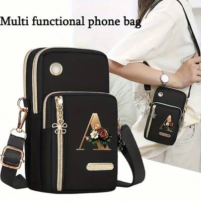 名字首字母有26个金色字母可供选择，花卉图案字母Z印花时尚款，有两种颜色可选：黑色和紫色。休闲单肩包零钱包，新款尼龙布材质，新款手机单肩包，女士包包，个性化礼物，充满爱意的礼物，创意礼物，趣味礼物，创意礼物，韩流礼物