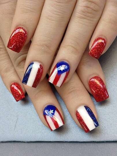 24pcs Press On Nails Medium Square French Nails Y2k Red Nails American Flag Style Reusable Press On Acrylic Nails Fake Nails Supplies Free Of 24 Pieces Of Jelly Tabs And A Mini File