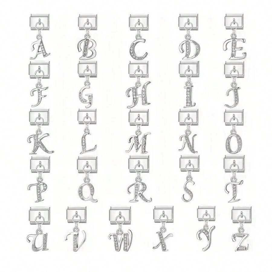 1/5/10个装 精致水钻镶嵌不对称26字母连接模块 - 非常适合DIY手链、手镯、戒指、男女通用礼物、时尚配饰、珠宝吊坠 - 銀色 - 查看 1