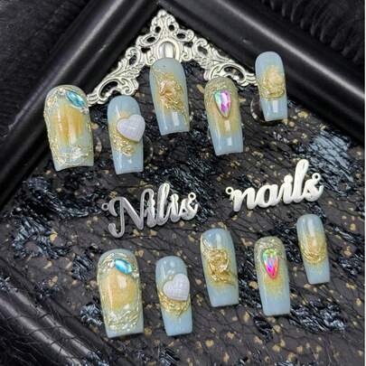 10pcs Square Acrylic Nail Kit, Mint Blue Nails, Warm Gold Fine Glitter Tie Dye, Golden Glitter Cat Eyes, Hand Drawn Gold Foil Glue Outlining Asymmetrical Winding Textures, Simulating Vine Or Gilded Patterns, White Grid Pattern Three-Dimensional Heart&Blue Droplet Shaped Diamond&Iridescent Droplet Shaped Iridescent Diamond And Other Nail Accessories Accessories.