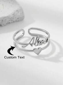 1PC Custom Stainless Steel Name Rings For Women, Customized Adjustable Heart Wedding Ring, Personalized Couple Jewelry, Ideal Gifts For Him,Ideal Gifts For Her,Her,Boyfriend,Girlfriend,Dad,Mom,Family,Friends,For Anniversaries - Silver - View 1