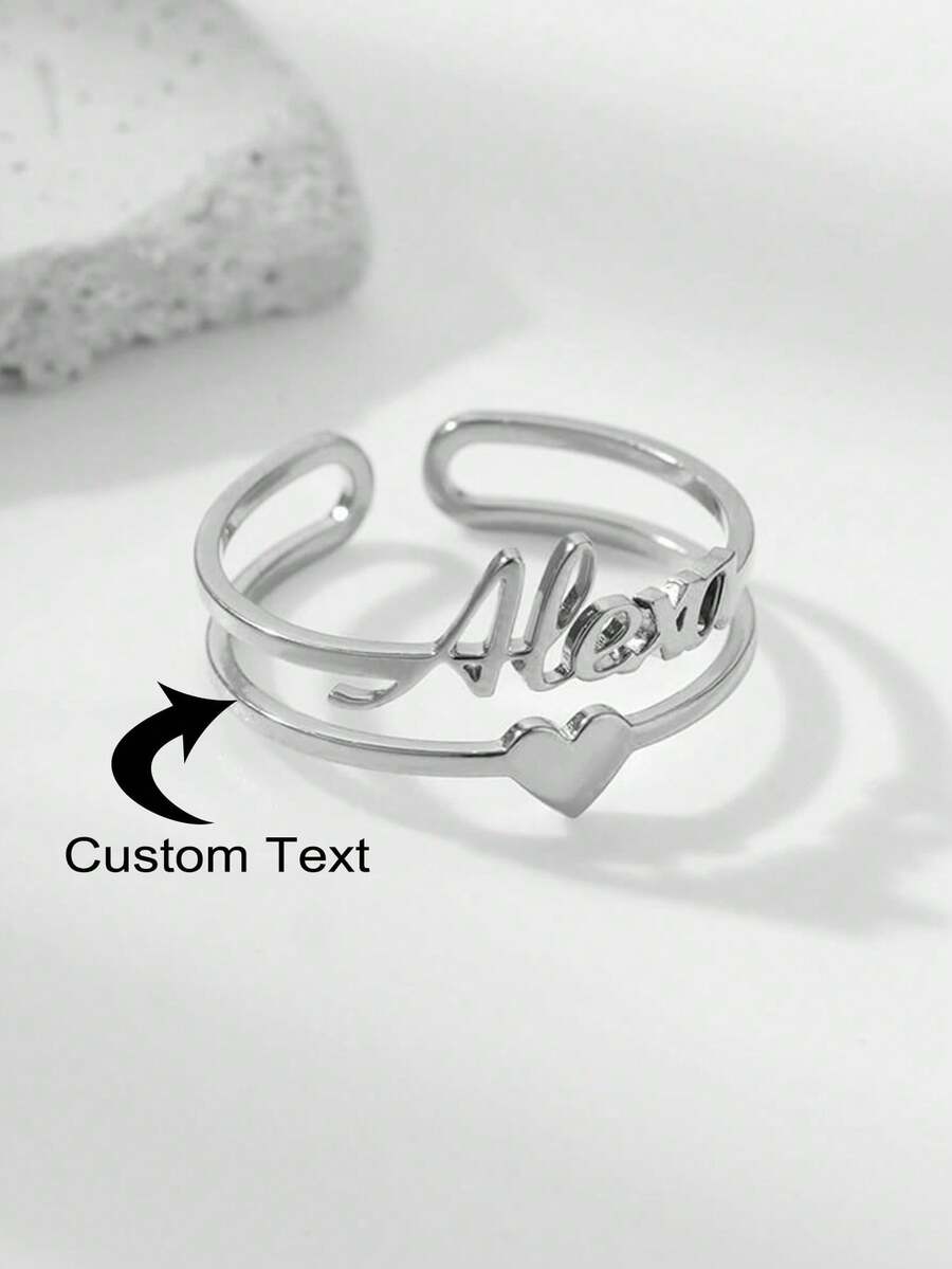 1PC Custom Stainless Steel Name Rings For Women, Customized Adjustable Heart Wedding Ring, Personalized Couple Jewelry, Ideal Gifts For Him,Ideal Gifts For Her,Her,Boyfriend,Girlfriend,Dad,Mom,Family,Friends,For Anniversaries - Silver - View 1