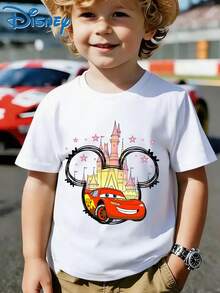 A Casual And Fashionable Short-Sleeved Boys' T-Shirt With Disney Castle And Racing Car Lightning McQueen Patterns Printed On It. Suitable For Daily Wear. - 白色 - 查看 1