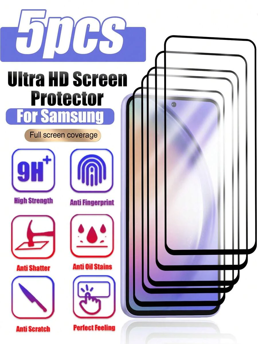 Black Android Phone Screen Protector 5pcs Precise Fit Silk-Screened High-Definition Tempered Glass Screen Protector Set Compatible With Samsung Galaxy Devices Featuring A Fine Silk-Screen Black Border Full-Screen Coverage No Peeling No Dust Entry No Screen Bulge High-Definition High-Transparency Material Retains The Original Screen's Color And Clarity Mother's Day Gift