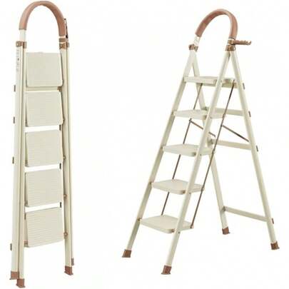 Escalera Plegable de 5 peldaños con Pedal Antideslizante, Ancho y Resistente, con empuñadura cómoda, portátil y Ligera, Ideal para Cocina, Garaje y hogar (Color café de 5 peldaños)