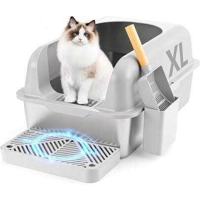 MTQ Arenero para Gato Grande, Caja de Arena de Acero Inoxidable para Gatos de 20L con Pala para Arena y Pedal para Atrapar, Arenero Gato Diseño Desmontable (Gris)
