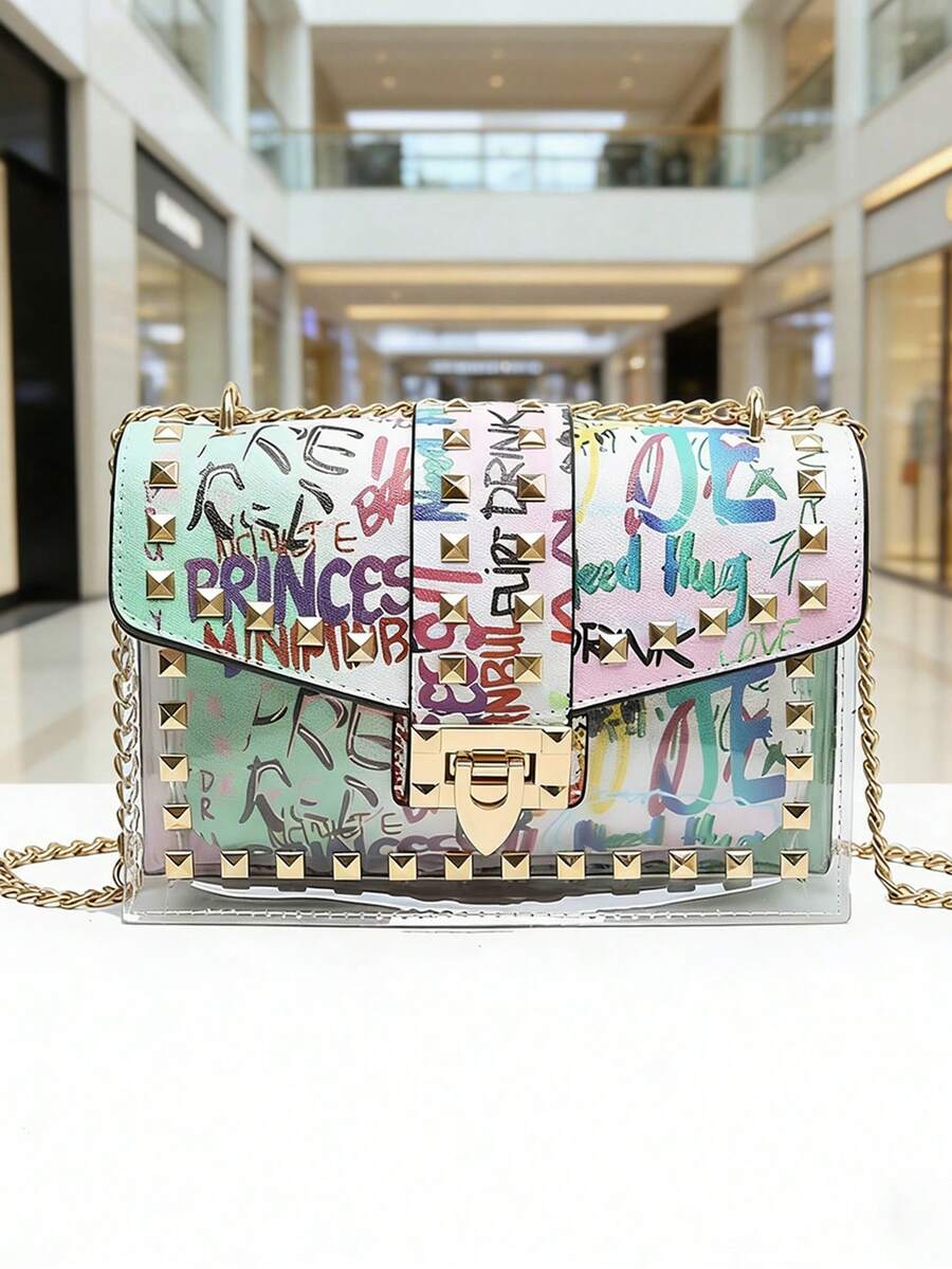 Letter Graffiti Colorblock Small Square Handbag, Chain Shoulder Bag, Lightweight & Versatile